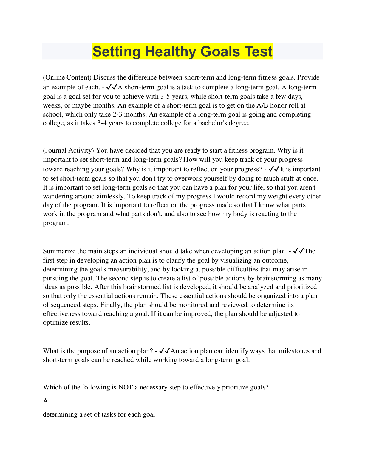 Preview image of Setting Healthy Goals Test with COMPLETE SOLUTION document